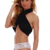 Floral lace front over a light mesh body on cheeky Brazilian-cut panties that sit low on the hip.