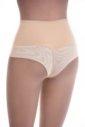 High-waisted cotton Brazilian briefs for women with a sheer breathable mesh back and moderate coverage.