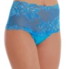 High-waisted cotton Brazilian panties with floral lace front and moderate coverage at the back.