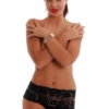 High-waisted cotton Brazilian panties with floral lace at the front that sit smooth under clothes.