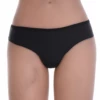 Fine microfiber high-waisted thong with light tummy coverage, invisible and flat under tight clothing.