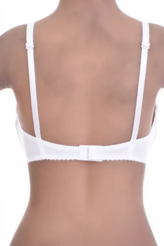 Lace bra with rounded shaped cups giving full coverage, with adjustable straps and a back hook-and-eye closure.