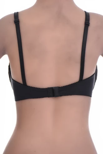 Lace bra with shaped cups for a rounded full-coverage shape and a smooth microfiber base across sizes.
