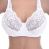 Floral-lace bra with shaped cups over a microfiber band, finished with a scalloped neckline for full coverage.