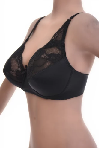 Lace bra with unpadded soft cups and a back hook-and-eye closure, the lace upper giving a delicate front detail.