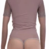 Lace and mesh bodysuit with a polo-style mock neck and short sleeves, a light neutral layer under a blazer.