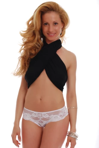 Lace and mesh Brazilian panties by Tiara Galiano with a floral lace front and breathable mesh body.