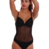 Lace-and-mesh teddy bodysuit by Tiara Galiano with built-in bra cups that shape and support without a separate bra.