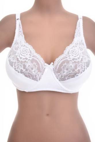 Lace soft-cup bra with floral lace across the upper cups, a microfiber lower cup and a scalloped neckline.
