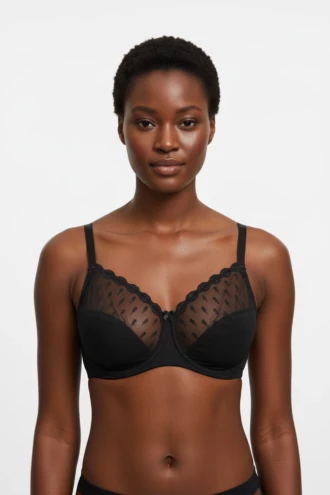 Floral-lace soft-cup bra with unpadded cups, a microfiber band and a scalloped neckline, cut for fuller busts.