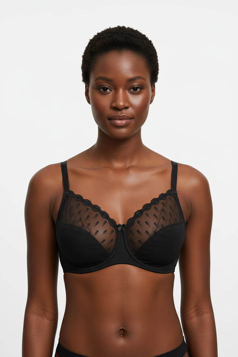 Floral-lace soft-cup bra with unpadded cups, a microfiber band and a scalloped neckline, cut for fuller busts.