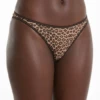 Leopard-print mesh bikini briefs by Tiara Galiano in sheer tan-and-black mesh with black trim.