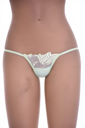 Light green floral lace G-string with scalloped edges and a slim string back, low-rise minimal coverage.