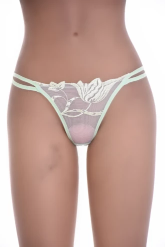 Light green floral lace thong with thin double straps and a lace front, low-rise minimal coverage.