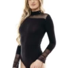 Long-sleeve black cotton bodysuit by Tiara Galiano with lace finish, under an open shirt or on its own.