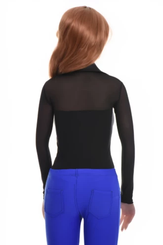 Long-sleeve black cotton bodysuit with sheer mesh and hook-and-eye closure, a smooth refined base layer.