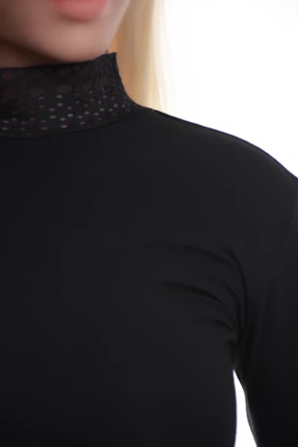 Long-sleeve cotton-blend bodysuit by Tiara Galiano with lace-trimmed neck and cuffs, comfortable all day.