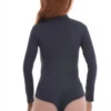Long-sleeve cotton bodysuit with finished mock neckline and hook-and-eye gusset that holds its shape.