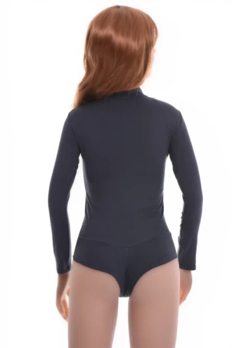 Long-sleeve cotton bodysuit with finished mock neckline and hook-and-eye gusset that holds its shape.