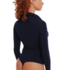 Long-sleeve cotton-blend bodysuit with thong cut and breathable fabric for a clean line under trousers.