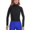 Long-sleeve microfiber bodysuit by Tiara Galiano with mock neck and hook-and-eye fastening, smooth base.