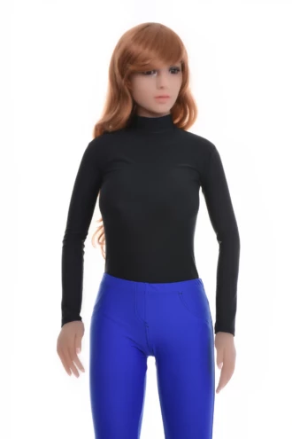 Long-sleeve microfiber bodysuit by Tiara Galiano with mock neck and hook-and-eye fastening, smooth base.