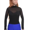 Long-sleeve mock-neck bodysuit with sheer mesh texture over cotton, worn under an open blazer or overshirt.