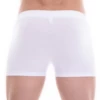 White cotton-blend men's boxer briefs that pair brief support with the longer leg of a boxer.