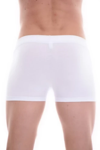 White cotton-blend men's boxer briefs that pair brief support with the longer leg of a boxer.