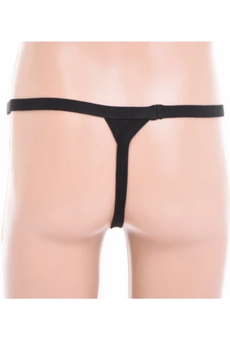 Black cotton-blend men's thong with a supportive front pouch and breathable, soft feel.