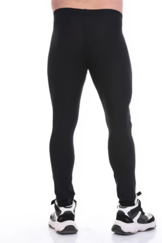 Men's black cotton base-layer leggings, full-length back view with a snug warm layering fit