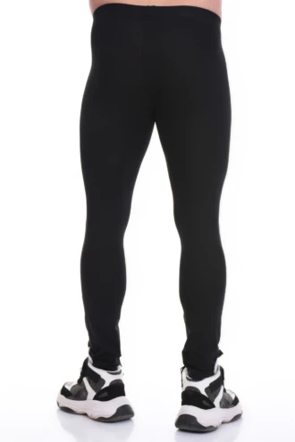 Men's black cotton base-layer leggings, full-length back view with a snug warm layering fit
