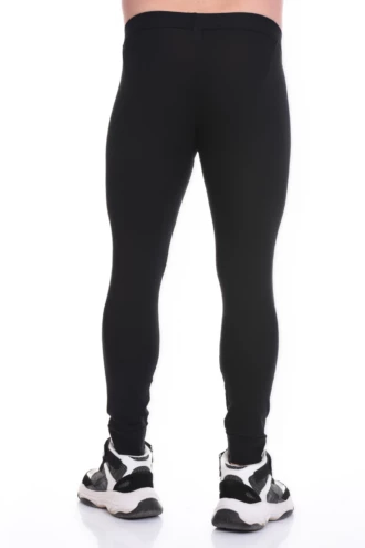 Men's black cotton base-layer leggings, full-length back view with a snug warm layering fit