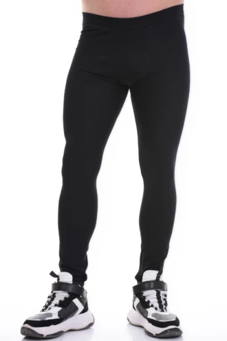 Men's black cotton base-layer leggings, full-length front view in soft breathable layering fabric