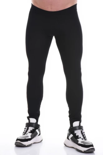 Men's black cotton base-layer leggings, full-length front view in soft breathable layering fabric