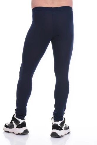 Men's navy blue cotton base-layer leggings, full-length back view in a warm comfortable layering fit
