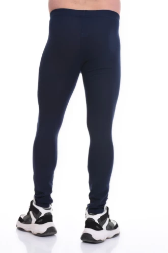 Men's navy blue cotton base-layer leggings, full-length back view in a warm comfortable layering fit