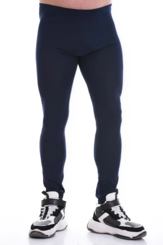 Men's navy blue cotton base-layer leggings, full-length front view in soft stretchy layering fabric