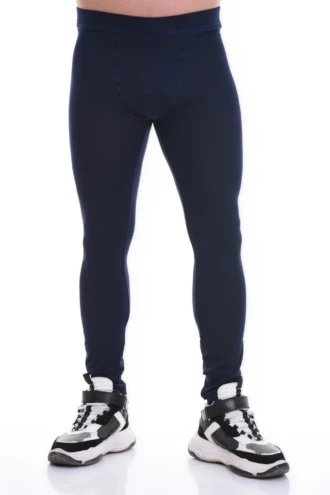 Men's navy blue cotton base-layer leggings, full-length front view in soft stretchy layering fabric