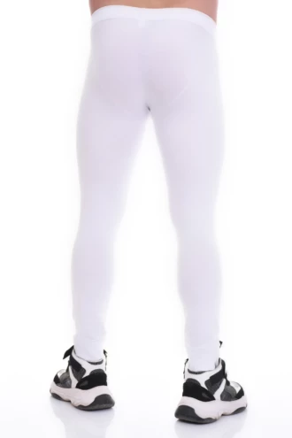 Men's white cotton base-layer leggings, full-length back view with a warm comfortable layering fit