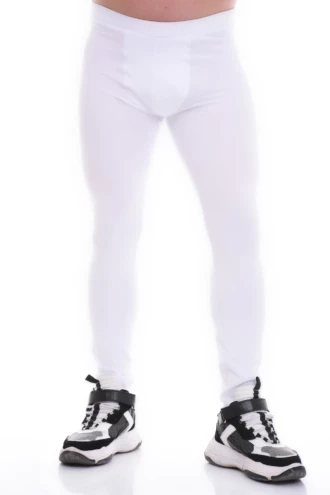 Men's white cotton base-layer leggings, full-length front view in soft stretchy thermal layering fabric