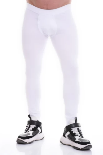 Men's white cotton base-layer leggings, full-length front view in soft stretchy thermal layering fabric