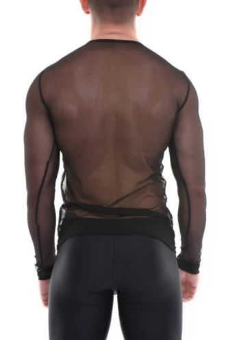Black mesh men's long-sleeve top in an open-knit fabric that keeps air moving against the skin.