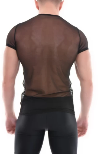 Black mesh men's short-sleeve tee in an open-knit fabric that lets air move freely against the skin.