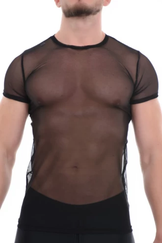 Ventilated mesh men's short-sleeve tee with a round neckline and light, breathable structure.