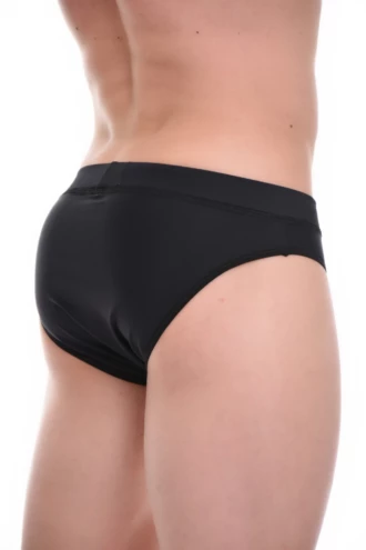 Black microfiber men's briefs with a close supportive fit that stays smooth under slim cuts.