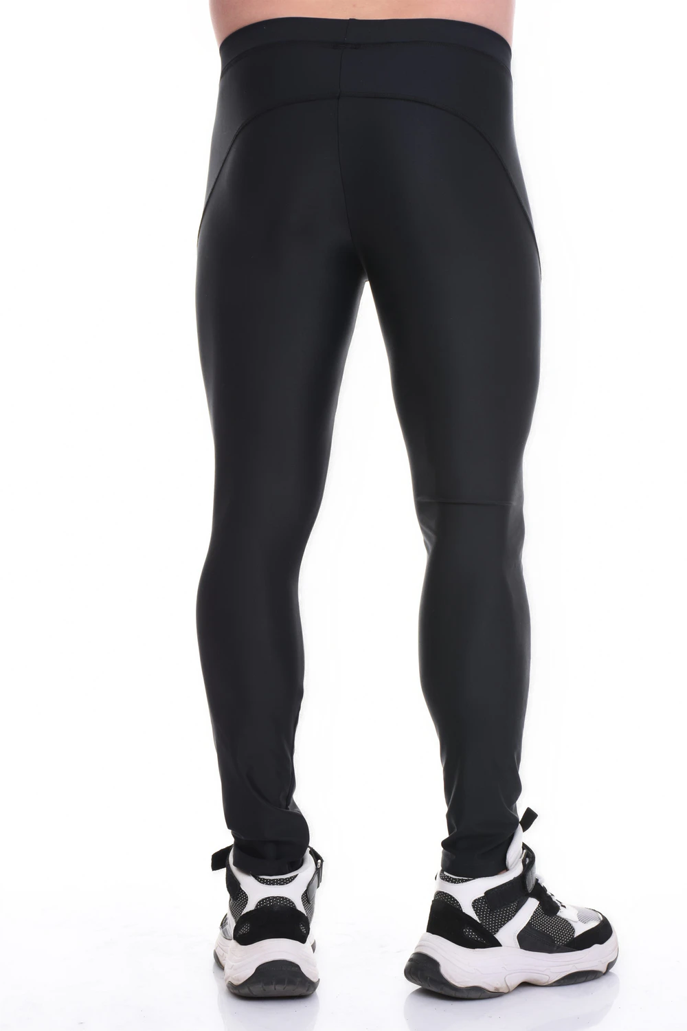 Men's black microfiber base-layer leggings, full-length back view with a snug warm thermal fit