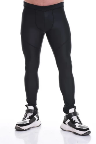 Men's black microfiber base-layer leggings, full-length front view in a smooth thermal stretch fabric