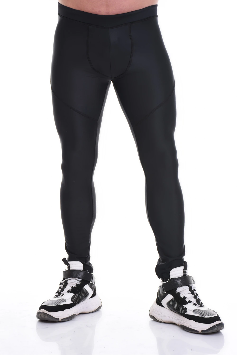 Men's black microfiber base-layer leggings, full-length front view in a smooth thermal stretch fabric