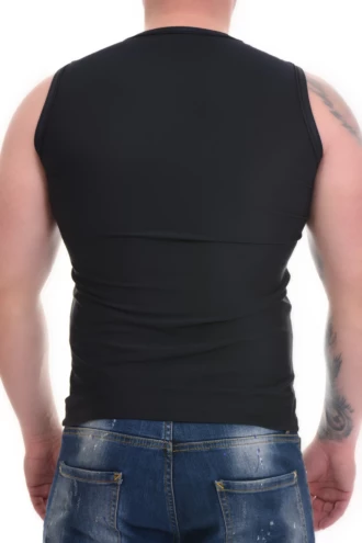 Black microfiber men's sleeveless top, a smooth close base layer that sits flat against the skin.